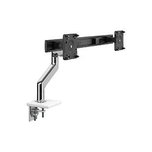 M8.1  Monitor Arm with Crossbar, Two-Piece Clamp Mount Base, Polished Aluminium with White Trim