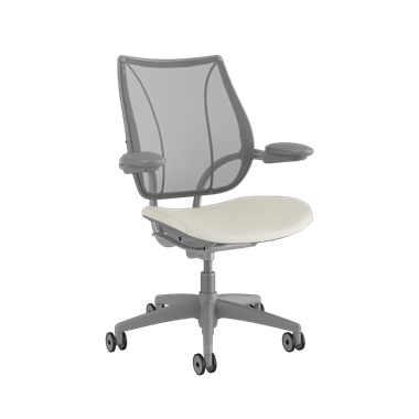 Liberty Task Chair, Pinstripe Silver Back, Ticinio Glacier Seat. Silver Frame with Silver Trim