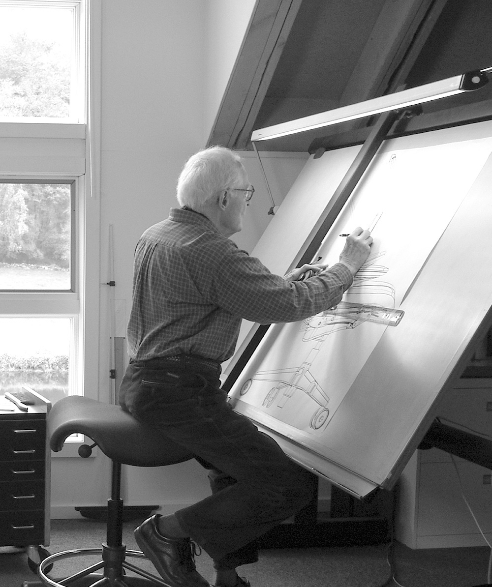 Niels Diffrient, designer of the World chair, sketching